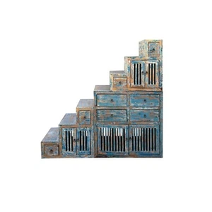 Distressed Teal Blue Triangle Step Tansu Cabinet Display Room Divider ws4389 - Picture 1 of 8