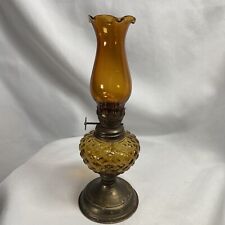 Vintage Amber Glass and Metal Diamond Design Oil Lamp 9.75” Crimp Top