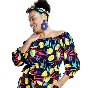 Neu mit Etikett Tabitha Brown x Target schulterfreies Damen-Bardot-Top Leinen zitronenfarben bedruckt XXS - Bild 1 von 8