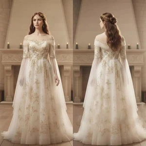 Princess Light Champagne Wedding Dresses Off the Shoulder Tulle Bridal Gowns - Picture 1 of 10