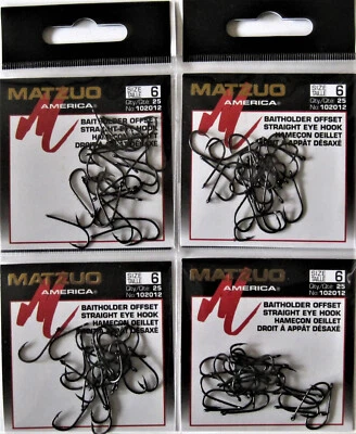 100 Matzuo Fishing 102012 Black Baitholder Offset Straight Eye Fish Hooks Sz 6,8