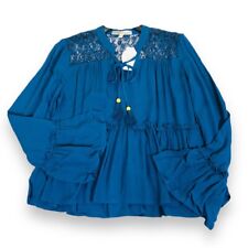 American Rag Women Gypsy Blouse Size Medium Blue Flare Sleeve Pleated Peasant
