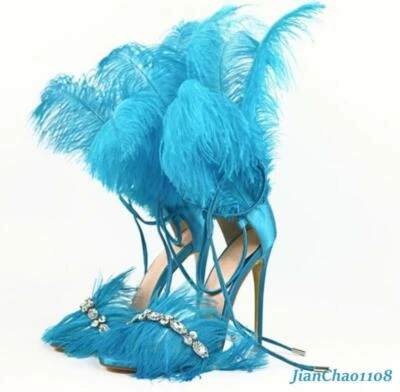 Sandalias para mujer con estrás de plumas zapatos tacón alto correa al tobillo moda Foto 1 de 4