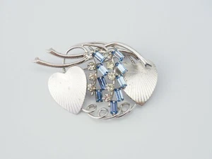 Vintage Carl Art sterling silver blue white rhinestones double heart pin brooch - Picture 1 of 5
