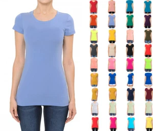 Women's Premium Cotton Basic T-Shirt Crew Neck Short Sleeve Plain Solids Fitted - Picture 1 of 45