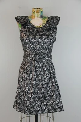 Тюль женское платье черный серебряный цветочный оборки шеи без рукавов галстук ремень Sz S 1239 - Изображение 1 из 4