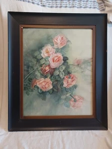 ANTIQUE VICTORIAN ARTIST SIGNED 1908 PINK ROSES FLORAL WATERCOLOR PAINTING - Picture 1 of 18