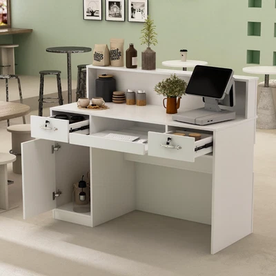 Reception Desk with LED Lights & Lockable Drawers White Reception Counter - Image 1 of 4