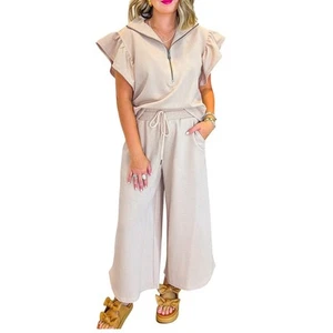 New Apricot Textured Ruffled Sleeve Zipped Top and Wide Leg Pants Set Large - Picture 1 of 12