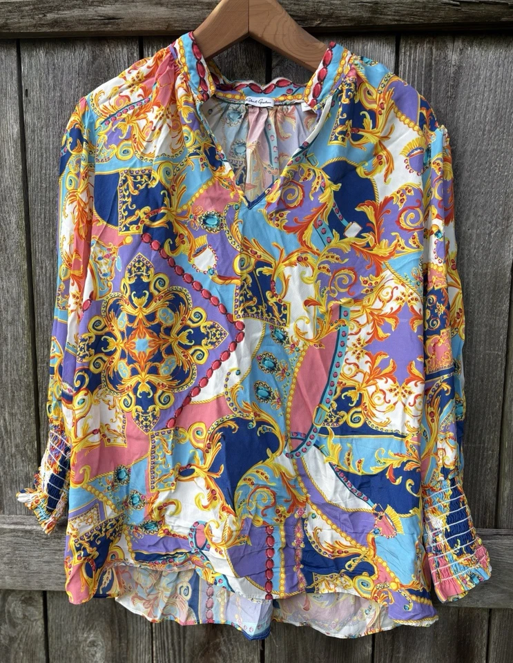 Blusa Camisa Mujer Robert Graham Top Manga Larga Talla L Barroca Seda Viscosa Foto 1 de 4