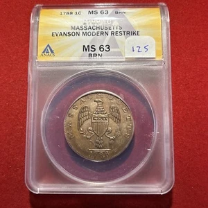 Massachusetts 1788 Cent Restrike By Henry Evanson circa 1940s ANACS - Picture 1 of 19
