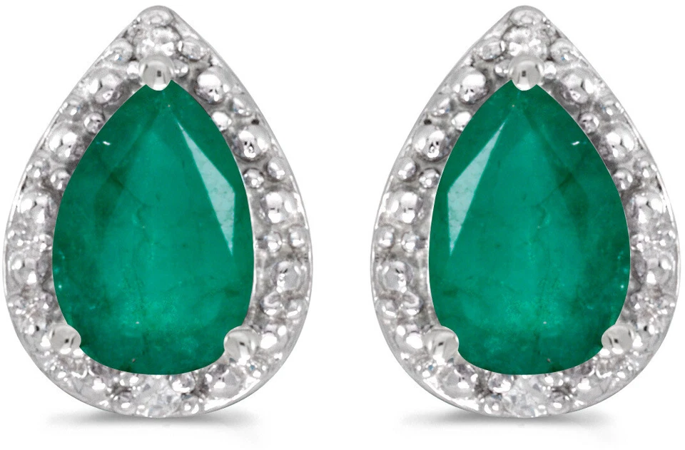 Pendientes de diamantes y esmeraldas de pera de oro blanco de 14k Foto 1 de 1