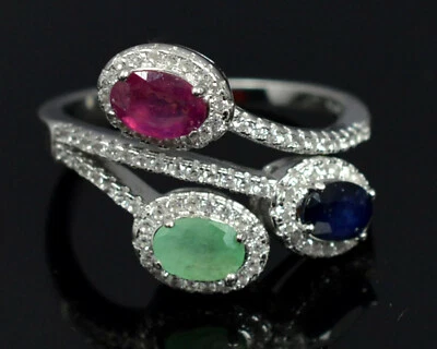 Natural Ruby & Emerald Sapphire Mix Gemstone 925 Sterling Silver Ring - Image 1 of 4