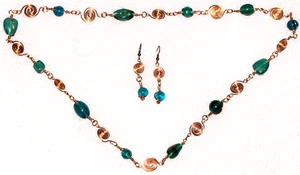 Necklace Earring Set Dangle Rose Gold Plated Drop Hook Teal Women's Twist Spiral - Picture 1 of 16
