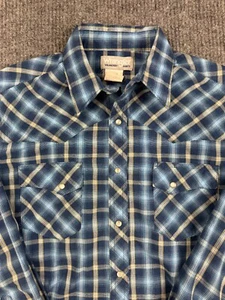 WRANGLER Western Shirt Men's Medium Flannel Cotton Pearl Snap Plaid Blue White - Picture 1 of 11