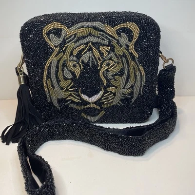 Tiana Beaded Bag Cross Body Tiger Black Gold Silver Strap Tassel Zipper - Image 1 of 4