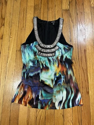 Bebe Black Multicolor Watercolor Pattern Silk Jeweled Metal Scoop Neck Top Y2K M - Image 1 of 4