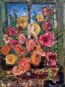 BASKET FLOWERS ON WINDOWSILL Oil Painting MCM Textured Impasto Still Life BOLD! - Picture 1 of 12
