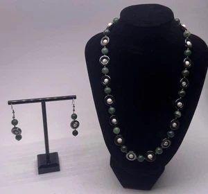 Prime Art & Jewelry, PAJ 70S Bead Necklace & Earrings Set White & Green Jade 18” - Picture 1 of 8