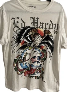 ED HARDY T-Shirt Mens Medium Graphic Tattoo White Eagle Skull Snake Y2K b1 - Picture 1 of 6