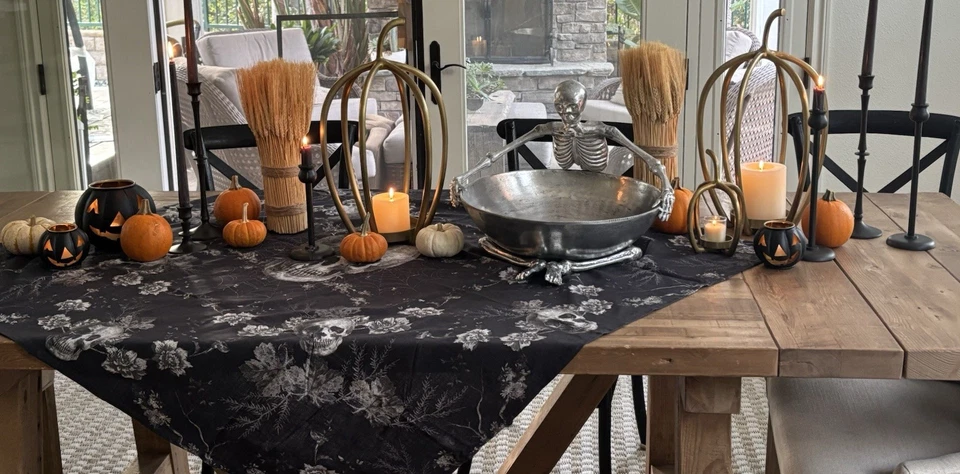 Pottery Barn Halloween Skull Toile Organic Cotton Table Throw, Black, 50''x50'' - Image 1 of 4