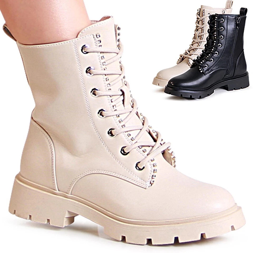 Bottes De Combat Biker Femme À Talon Plat En Paillettes - Photo 1/1