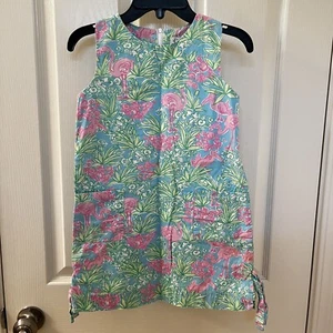 Lilly Pulitzer Flamingo Pelican Shift Dress Pink Green Blue Girls Size 7 - Picture 1 of 11