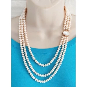 14k 3 Strand White Rondell Knotted Freshwater Pearl Necklace 14k MOP Clasp 24" - Picture 1 of 12