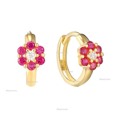 Real Pink Ruby With Natural Diamond Tiny Floral Hoops Earrings 14K Yellow Gold - Image 1 of 4