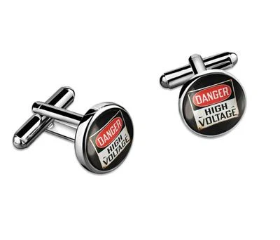 Industrial Danger High Voltage Sign Silver Glass Cufflink Set w/ Box - 342 - Image 1 of 2