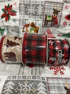 (3) CHRISTMAS RIBBON ๐ฆ๐ฒ๐ป Reindeer Tree Bear Plaid Snowflakes WIRED EDGE 2.5" - Picture 1 of 4