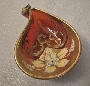 Vintage Ruby Red Glass Pin Dish Raised Flower Design Murano Style With Damage - Picture 1 of 6