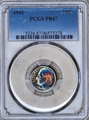 1961 10c 🌈RAINBOW TONED PROOF Roosevelt Dime PCGS PR-67🌈DUAL SIDED 🌈Toned - Image 1 of 2