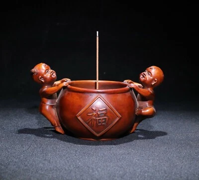 Queimador de incenso de buxo natural panela de madeira antiga porcelana 13 cm - Imagem 1 de 4