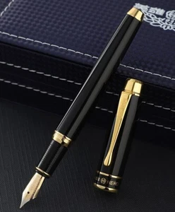 Hero Fountain Pen Black Lacquer Gold Parts Personalised Luxury Nib0.7mm Gift Box - Picture 1 of 8