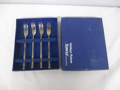 4 RAROS GARFOS DE SOBREMESA DE FRUTAS WILLIAM ADAMS TOWLE SILVERPLATE BAMBU 5 7/8" NA CAIXA! - Imagem 1 de 2