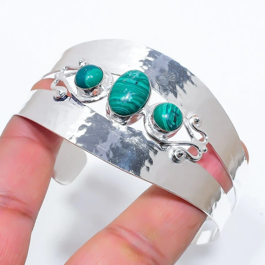 Green Malachite Gemstone Handmade 925 Sterling Silver  Adjustable Cuff Bracelet - Image 1 of 1