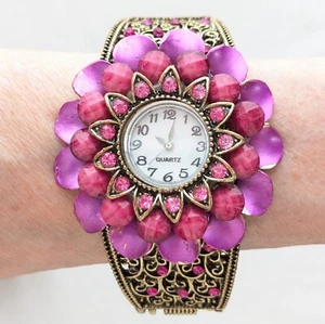 Pink Enamel Flower Hinged Cuff Bracelet Watch Filigree Needs Battery 7" - Picture 1 of 7