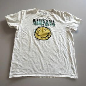 Nirvana Women's T Shirt Sz XL White Smiley Face Graphic Rock Band Music Tee - Picture 1 of 6