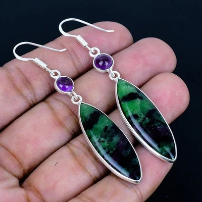 Pendientes hechos a mano de 2,6" enchapados en plata 925 con zosite de rubí Foto 1 de 3