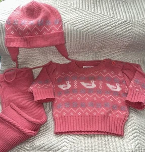 vintage Baby Girls Pink Sweater Pants Hat 3-6 Months Ducks Outfit - Picture 1 of 11