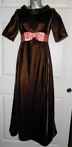 Vintage 60s Long Brown Velvet High Empire Waist Dress Peach Bow B36 - Picture 1 of 5