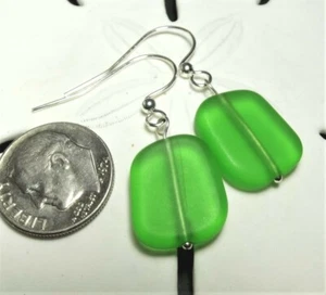 SHAMROCK GREEN Cultured sea glass Handmade with silver drop earrings 3/4" - Picture 1 of 3