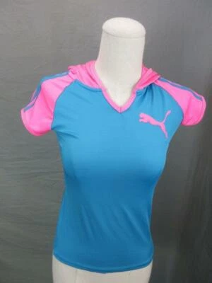 Puma Size S(7-8) Girls Blue/Pink Athletic Short Sleeve Hooded Top T036 - Image 1 of 4