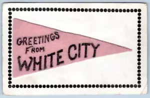 BANDERÍN POSTAL ANTIGUA 1910 SALUDOS DESDE LA CIUDAD BLANCA CHICAGO FIELTRO ROSA - Imagen 1 de 2