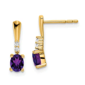14K Solid Yellow Gold Oval Amethyst Diamond Dangle Earrings - Picture 1 of 6