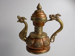 Antike Asiatika Teekanne Drachenmotiv Floral verziert Kupfer Messing - Picture 1 of 17