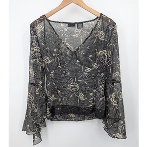George Black Floral Mesh Bell Sleeve Blouse Size M 8/10 Goth Sheer Festival Top - Picture 1 of 4