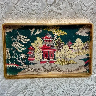 Vintage Polychrome Blue Willow Gold Serving Wooden Tray- 16in x 9.5in x 1.5i(B) - Image 1 of 4