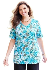 Catherines Women's Plus Size Petite Suprema Short Sleeve V-Neck Tee - Picture 1 of 21